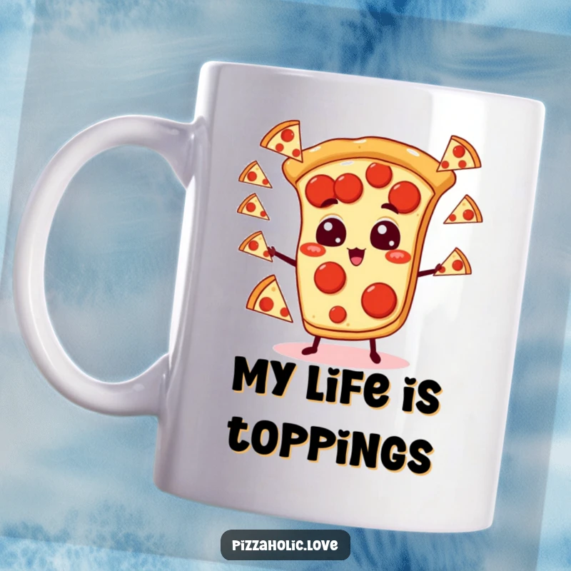 Funny pizza mug with a pepperoni pizza slice character with big cartoon eyes skillfully juggling mini pizza slices, looking quite pleased.