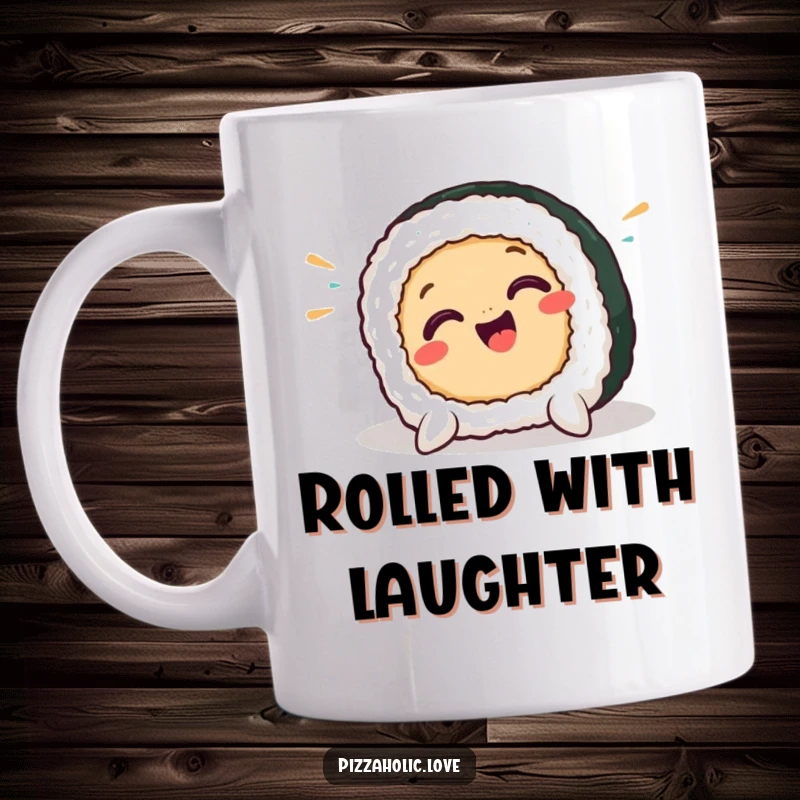 Funny sushi mug featuring a smiling sushi piece mid-fall, arms flailing comically, capturing a hilarious moment of a pratfall.