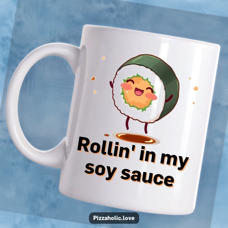 Funny sushi roll mug with tiny legs doing a cartwheel, artfully scattering soy sauce with a cheerful expression.