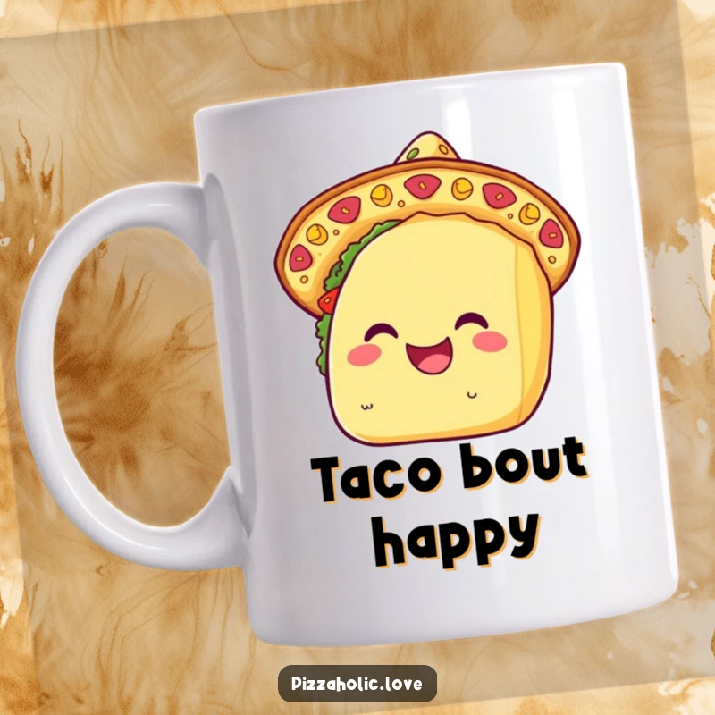 Funny kawaii taco mug featuring a smiling taco wearing a festive sombrero made entirely of melted cheese, radiating pure joy.