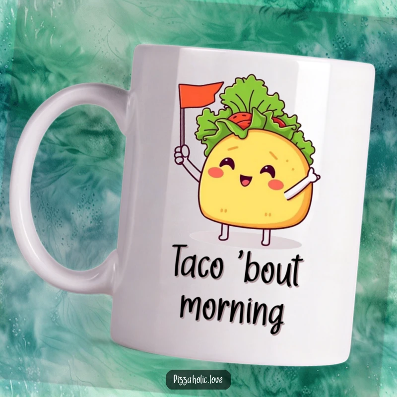 Funny Taco Flag Mug: a cheerful taco with tiny arms waving a miniature flag made of lettuce, celebrating with enthusiasm.