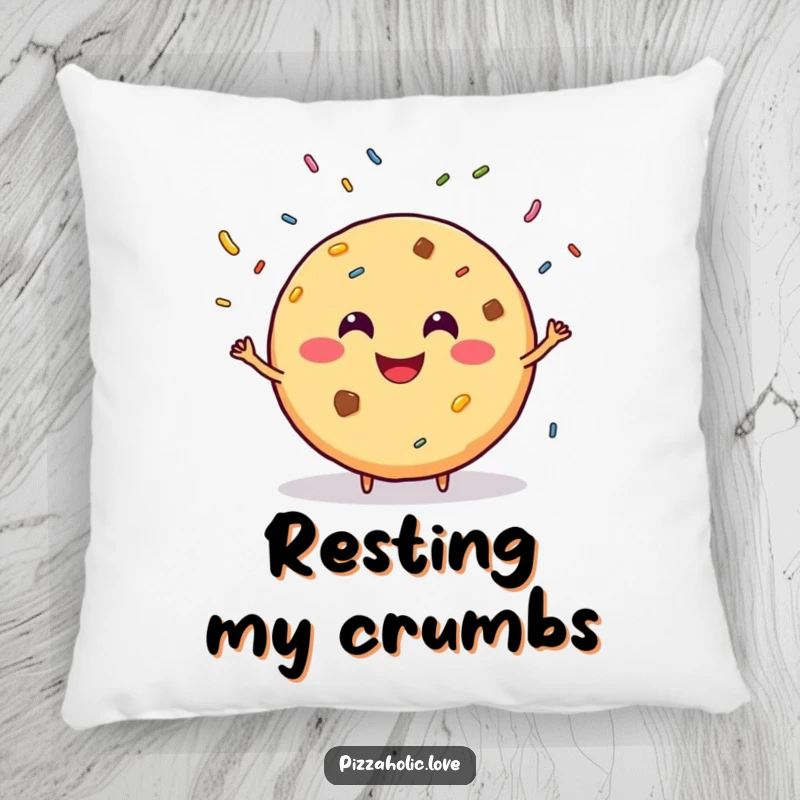 Funny pillow featuring a smiling, round cookie with a grin, juggling sprinkles, designed for cozy, sweet dreams.