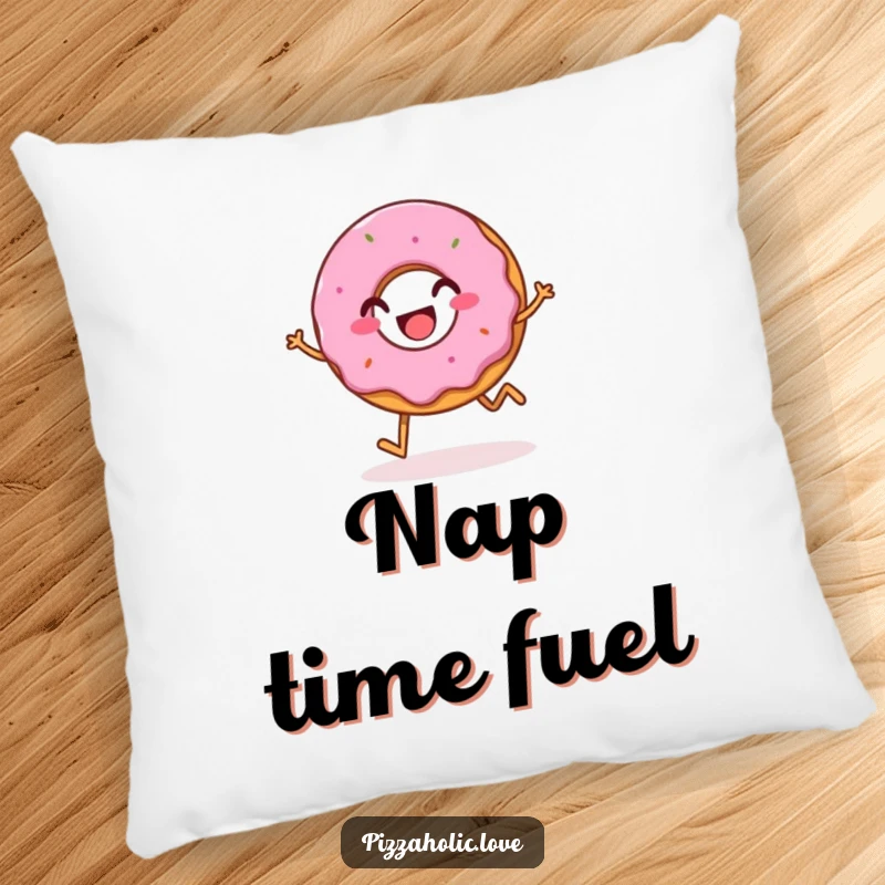 Funny pillow featuring a bubbly, happy donut with a grin, happily hopping, designed to bring sweet dreams and comfort.