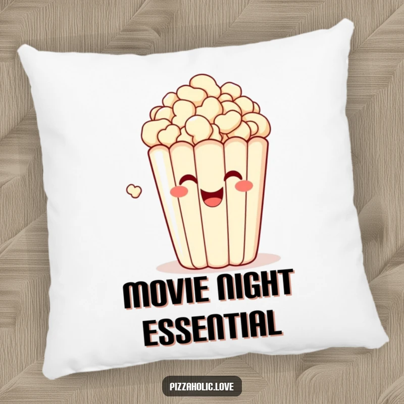 Funny pillow featuring a bubbly, happy bag of popcorn with a grin, popping with delight, designed for cozy, fun dreams.