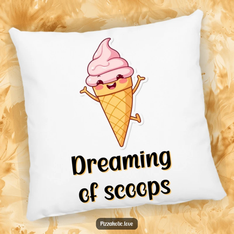 Funny pillow featuring a cheerful ice cream cone with a grin, doing a cartwheel, designed for cozy, sweet dreams.