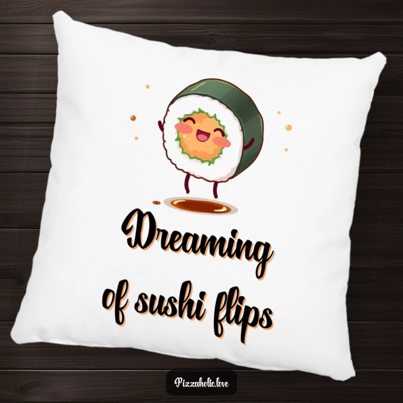 Funny sushi roll pillow showing a cute sushi character with tiny legs doing a cartwheel, scattering soy sauce.