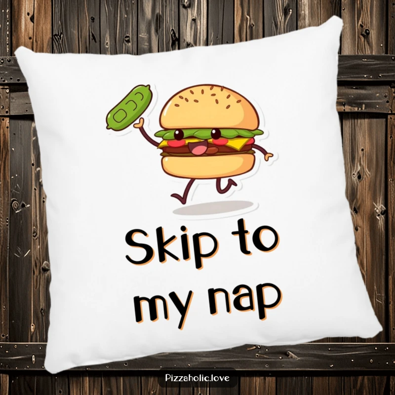 Funny Burger Skip Pillow: a smiling burger with small legs doing a joyful skip, tossing a pickle, soft and huggable.