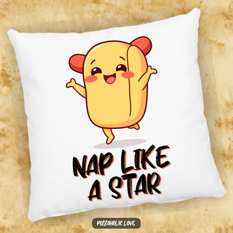 Funny pillow with a happy hot dog in a bun doing a dynamic jig, offering comfort and a smile.
