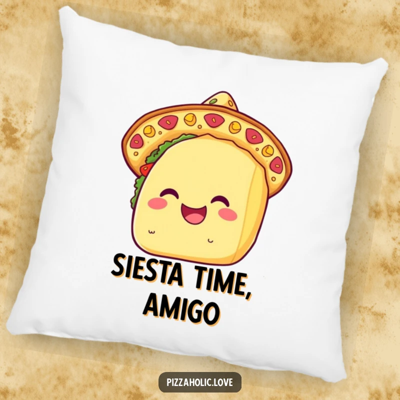 Funny kawaii taco pillow featuring a smiling taco wearing a cheese sombrero, perfect for adding comfort and a chuckle.