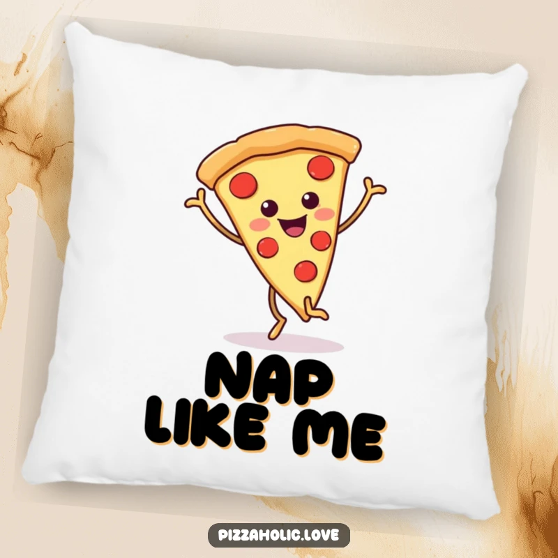 Funny pizza pillow showcasing a cute pizza slice with wiggly legs in a joyful, happy dance pose, adding a touch of whimsy.