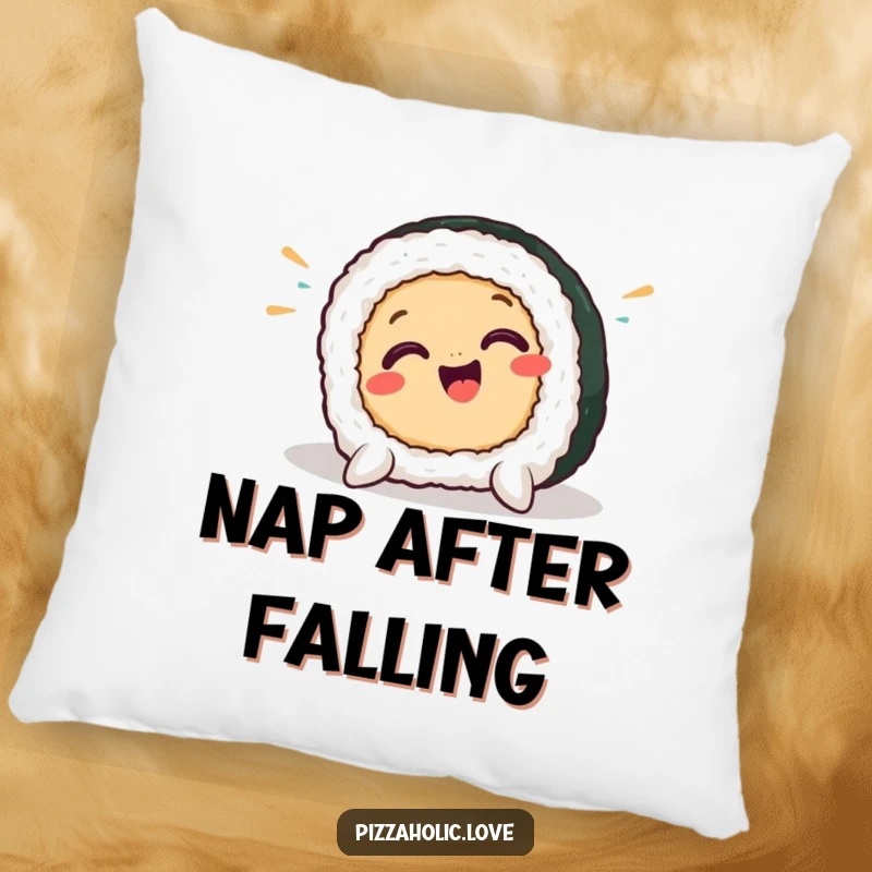 Funny sushi pillow featuring a smiling sushi piece in a comical pratfall, perfect for adding a touch of humor and comfort.