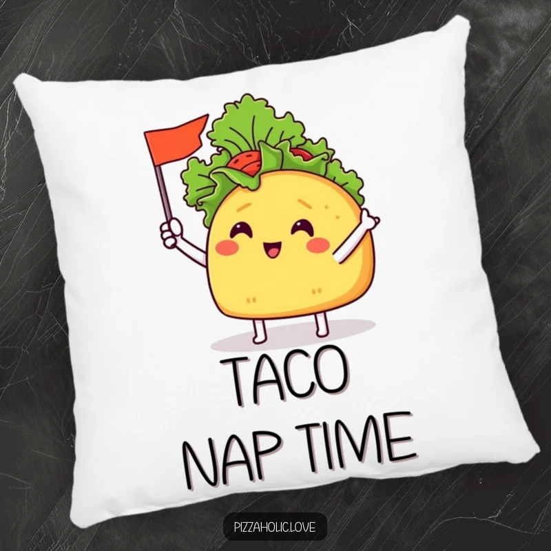 Funny Taco Flag Pillow: a cheerful taco with tiny arms waving a miniature flag made of lettuce, soft and huggable.