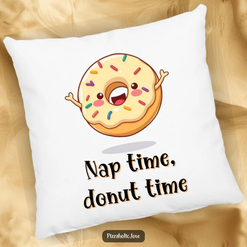 Funny Cheerful Donut Pillow: A happy donut with sprinkles, bouncing energetically, soft and comforting, funny gift.