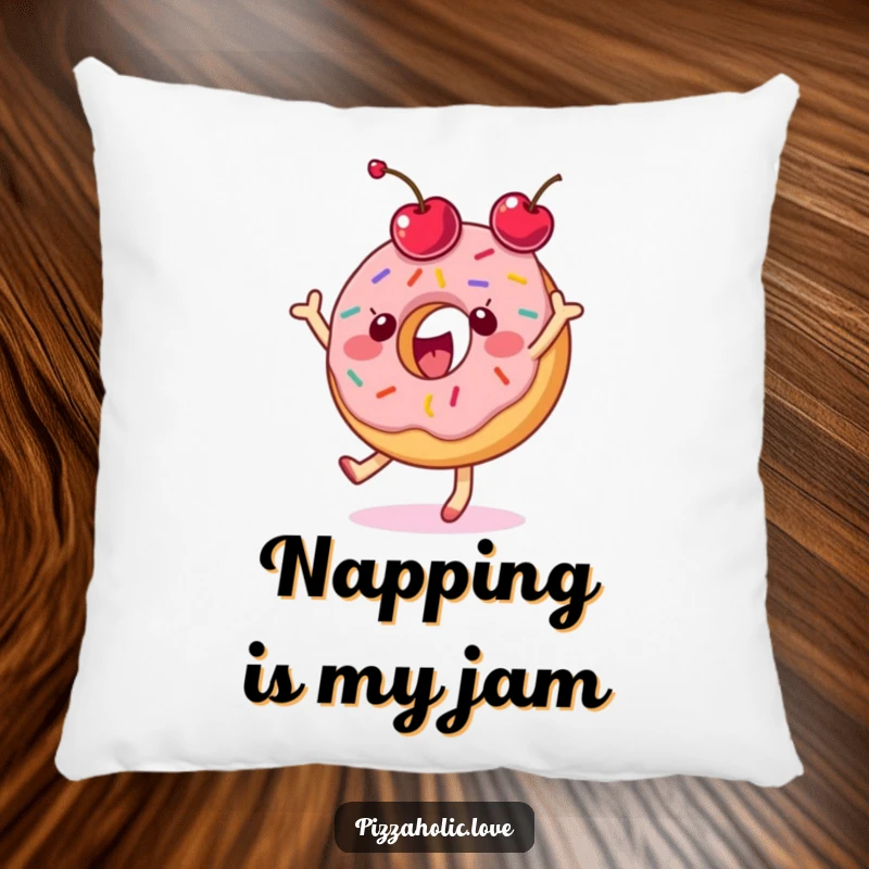 Funny donut pillow showing a happy character with sprinkles dancing and tossing a cherry.