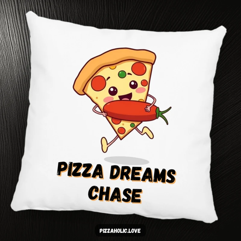 Funny Pizza Runner Pillow: a slice of pizza with tiny feet running excitedly, holding a giant pepperoni, soft and squishy.