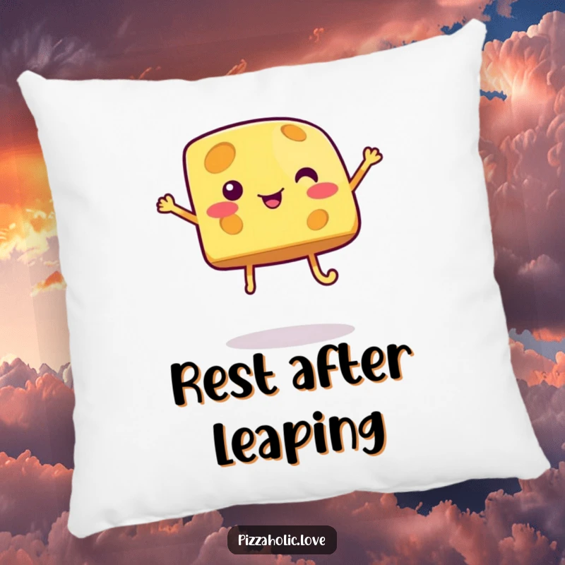 Funny cheese pillow featuring a bubbly cartoon cheese piece with legs jumping, perfect for adding a touch of humor and comfort.