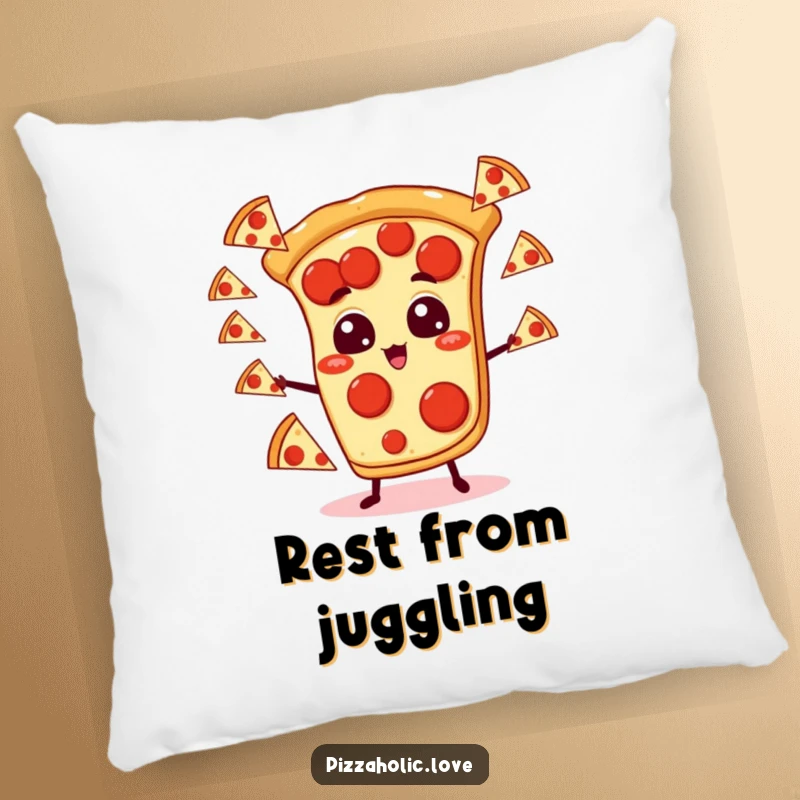 Funny pizza pillow featuring a pepperoni pizza slice with cartoon eyes in the midst of juggling smaller pizzas, perfect for a cozy laugh.