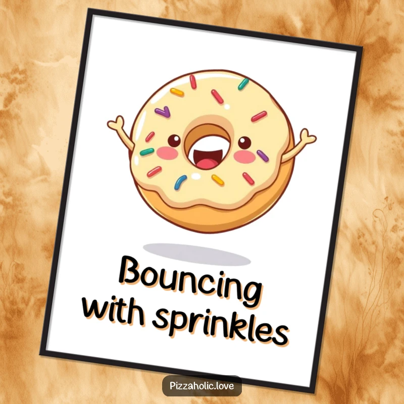Funny Cheerful Donut Digital Art Print: Happy donut with sprinkles bouncing energetically, humorous and sweet, funny gift.