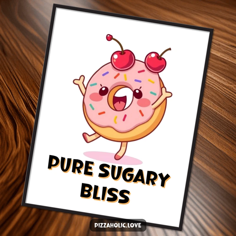 Funny donut digital art print of a delighted character with sprinkles dancing gleefully and tossing a cherry.