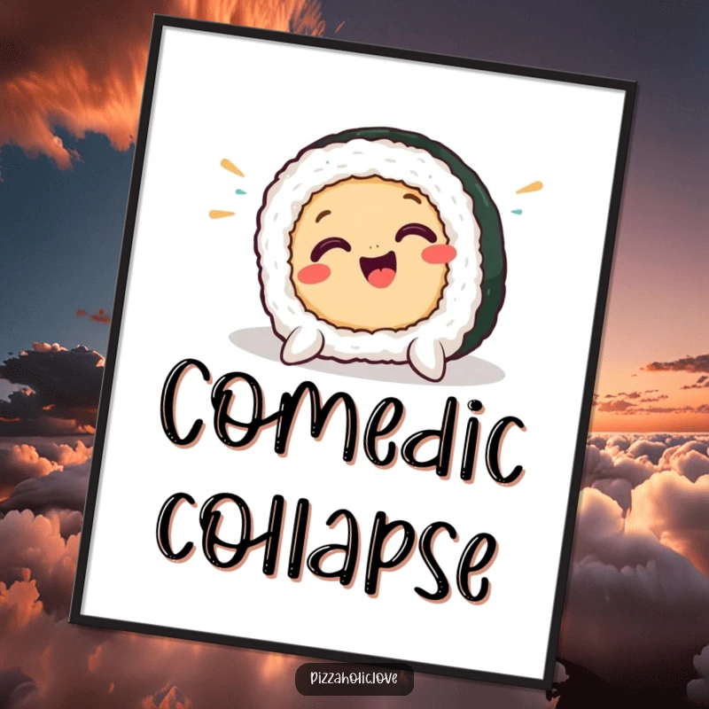 Funny sushi digital art print of a smiling sushi piece in a comical pratfall, adding a splash of humor and character.