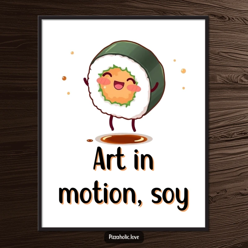 Funny sushi roll digital art print of a happy character with tiny legs doing a cartwheel, scattering soy sauce.