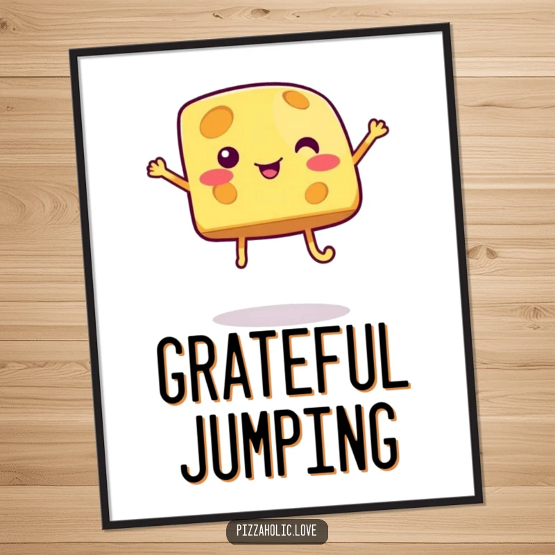 Funny cheese digital art print of a bubbly cartoon cheese piece with legs jumping, adding a splash of joy and character.