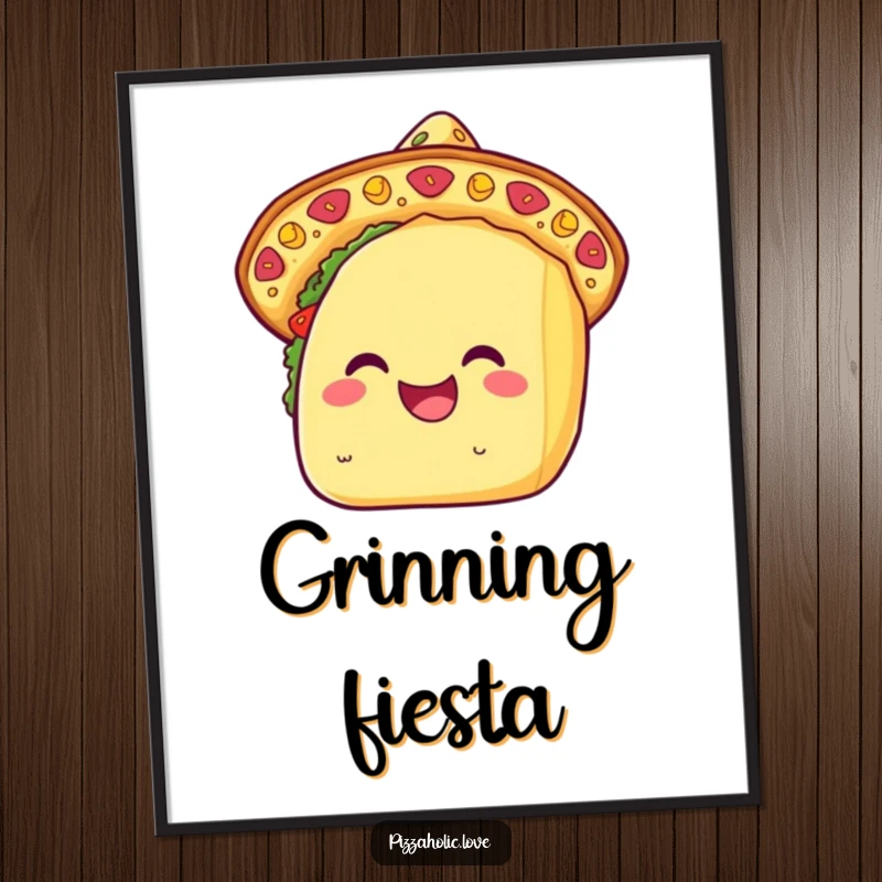 Funny kawaii taco digital art print of a smiling taco wearing a cheese sombrero, radiating festive cheer and playful humor.