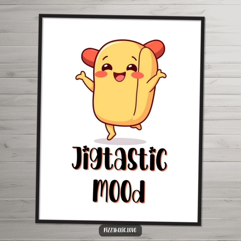 Funny digital art print of a smiling hot dog in a bun performing a jubilant jig, ready to brighten any space.