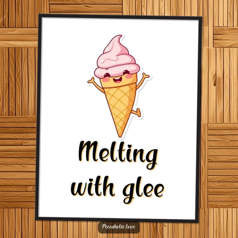 Funny digital art print of a cheerful ice cream cone with a grin, doing a cartwheel, bringing instant sweet fun.