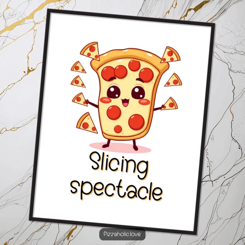 Funny pizza digital art print of a pepperoni pizza slice skillfully juggling small pizzas, creating a lively and humorous visual.