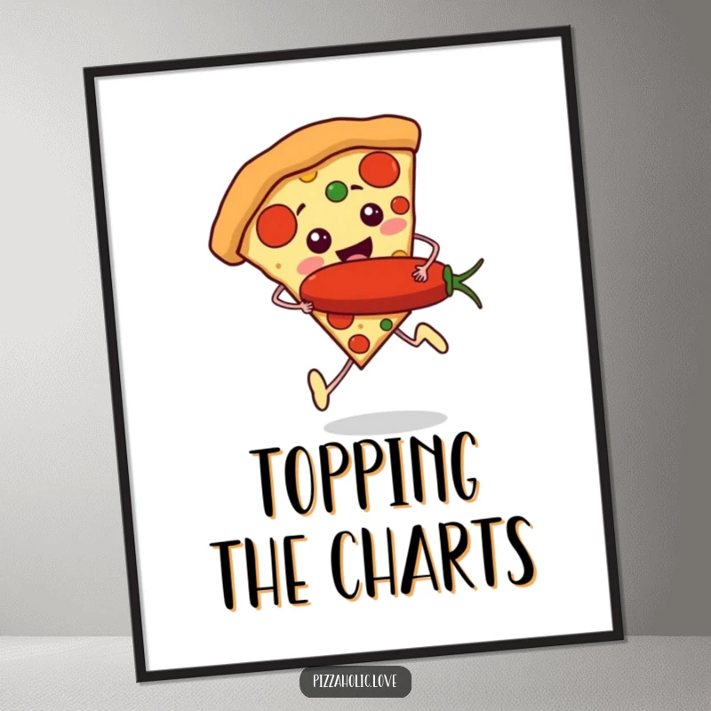 Funny Pizza Runner Digital Art Print: a slice of pizza with tiny feet running excitedly, holding a giant pepperoni, printable wall art.
