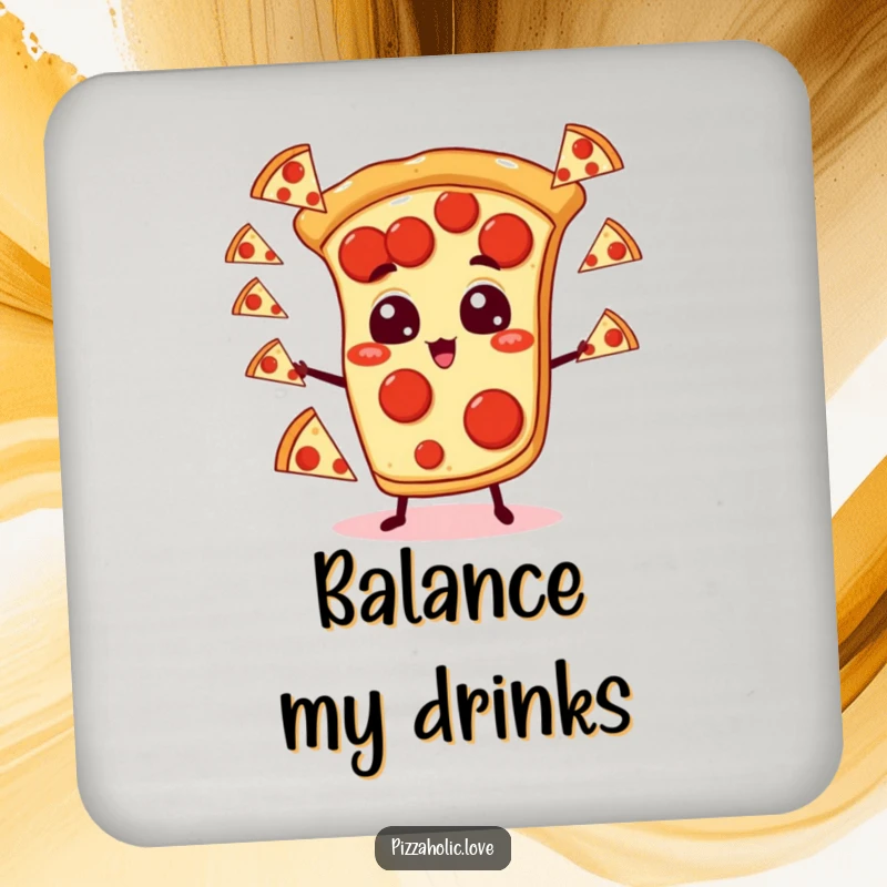 Funny pizza coaster featuring a pepperoni pizza slice with cartoon eyes juggling smaller pizzas, adding a whimsical touch to tabletops.
