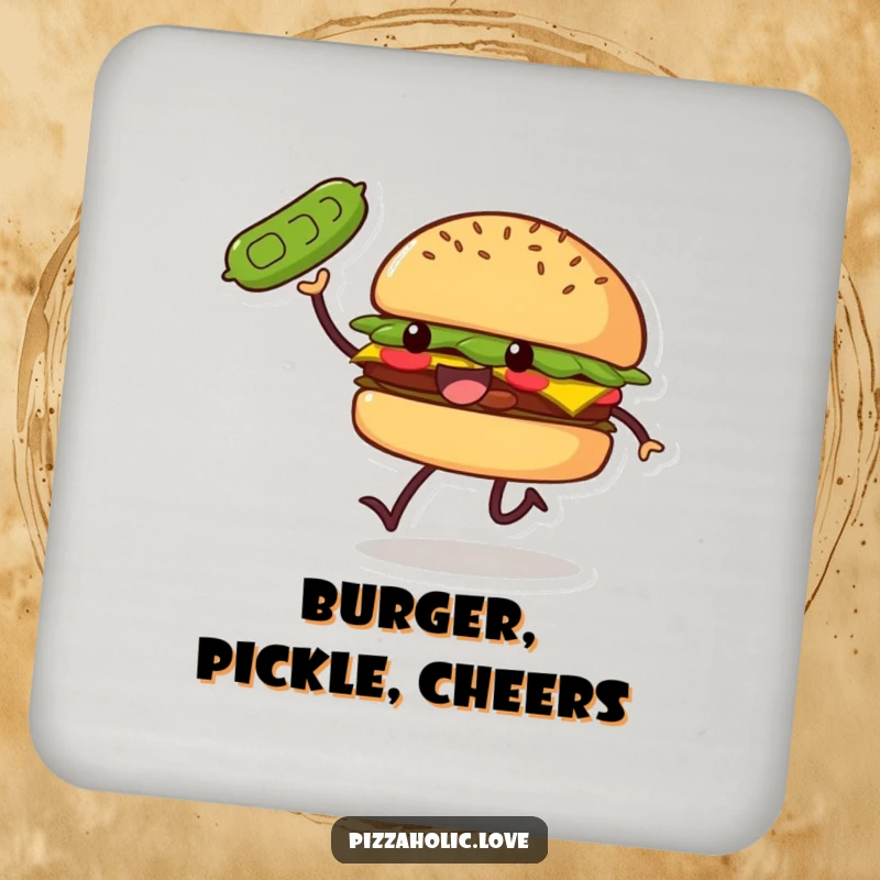 Funny Burger Skip Coaster: a smiling burger with small legs doing a joyful skip, tossing a pickle, protecting a drink.