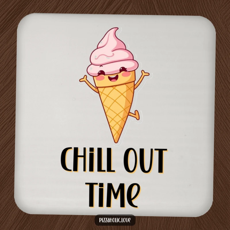 Funny drink coasters featuring a cheerful ice cream cone with a grin, doing a cartwheel, adding sweet fun and protection.