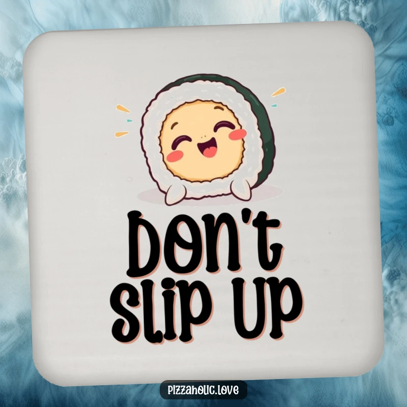 Funny sushi coaster featuring a smiling sushi piece in a comical pratfall, adding a humorous and protective touch to tabletops.