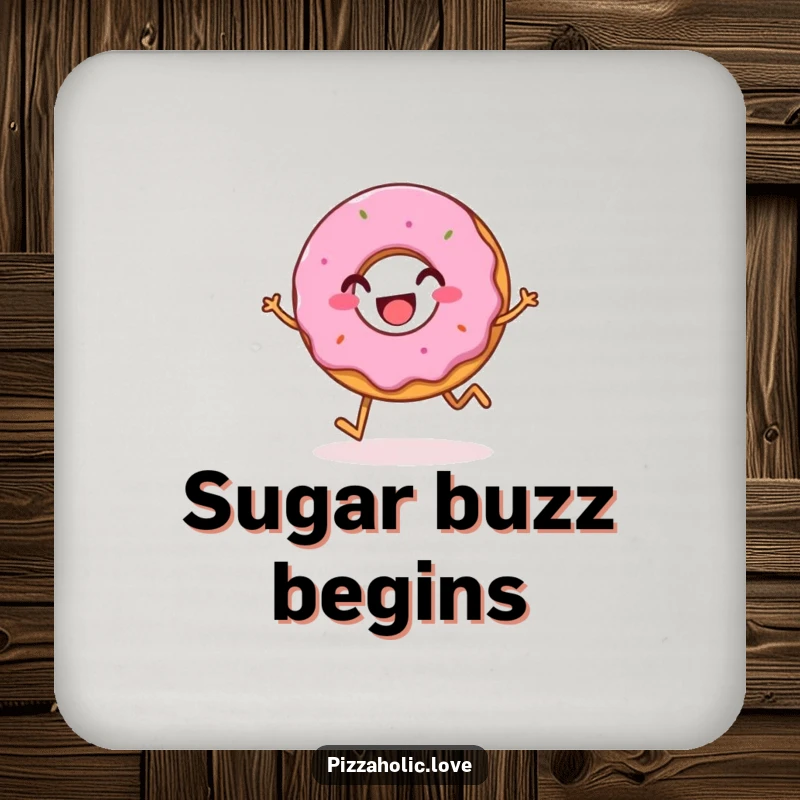 Funny drink coasters featuring a bubbly, happy donut with a grin, hopping merrily, adding a sweet and protective touch.