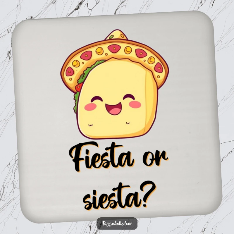 Funny kawaii taco coaster featuring a happy taco in a cheese sombrero, adding a festive and humorous touch to any surface.