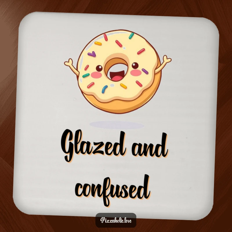 Funny Cheerful Donut Coaster: Donut with sprinkles bouncing energetically, protecting tables, funny gift.