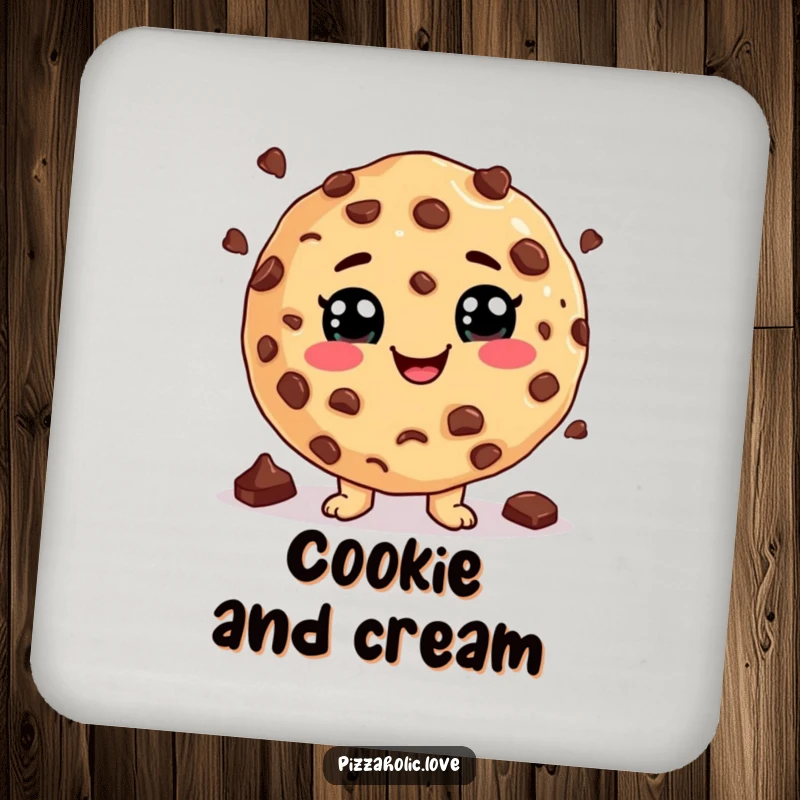 Funny Cookie Juggling Coaster: Cookie with a cheesy grin juggling chocolate chips, protecting tables, funny gift.