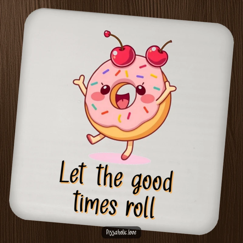 Funny donut coaster depicting a delighted character with sprinkles dancing and tossing a cherry.