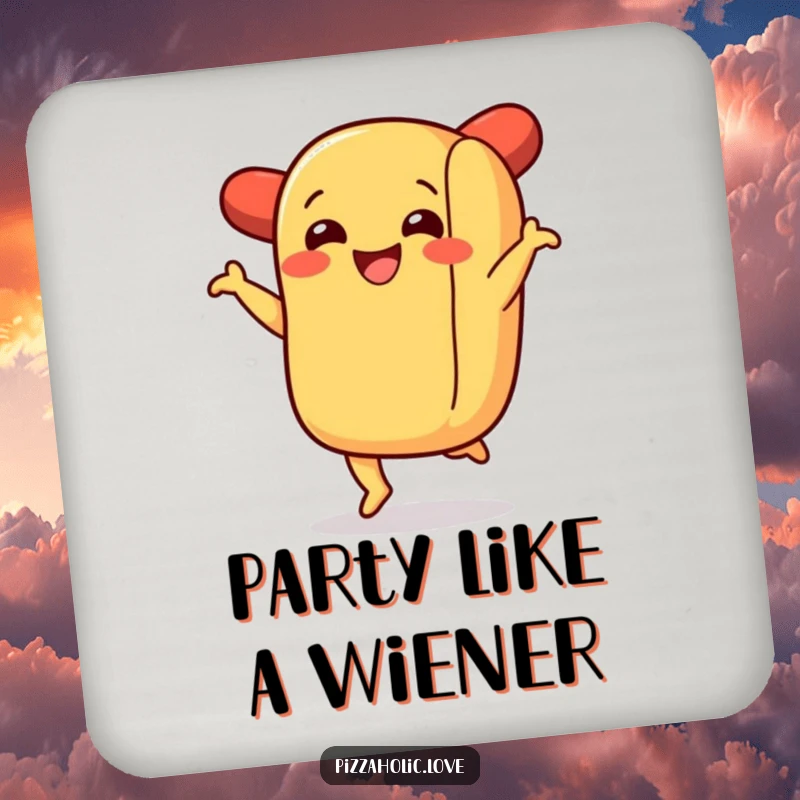 Funny drink coaster with a happy hot dog in a bun doing a lively jig, protecting surfaces with humor.