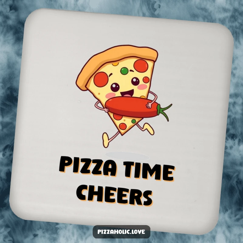 Funny Pizza Runner Coaster: a slice of pizza with tiny feet running excitedly, holding a giant pepperoni, guarding a drink.