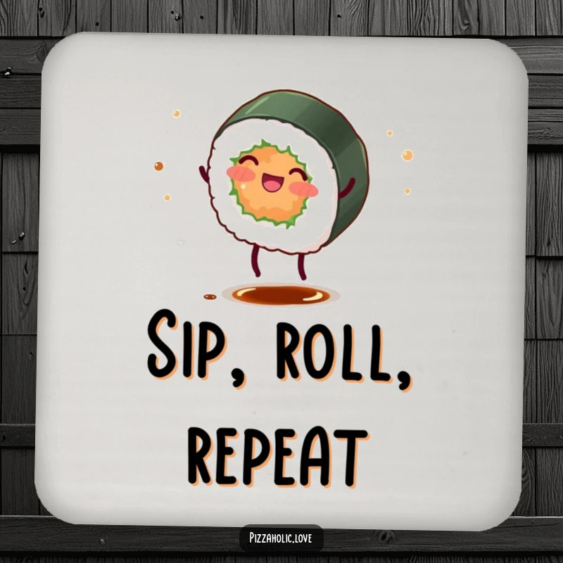 Funny sushi roll coaster depicting a happy character with tiny legs doing a cartwheel, scattering soy sauce.