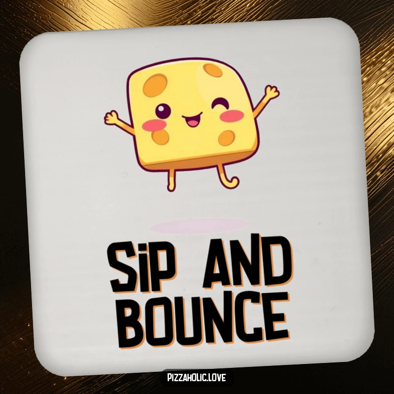 Funny cheese coaster featuring a bubbly cartoon cheese piece with legs jumping, adding a joyful and humorous touch to tabletops.