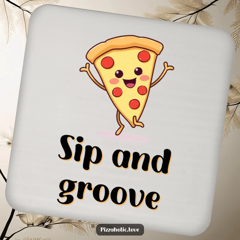 Funny pizza coaster with a happy pizza slice on wiggly legs performing a delightful dance, showcasing a fun and quirky design.
