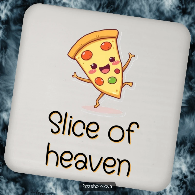 Funny Pizza Cartwheel Coaster: A happy pizza slice with little legs doing a cartwheel, protecting tables, funny gift.