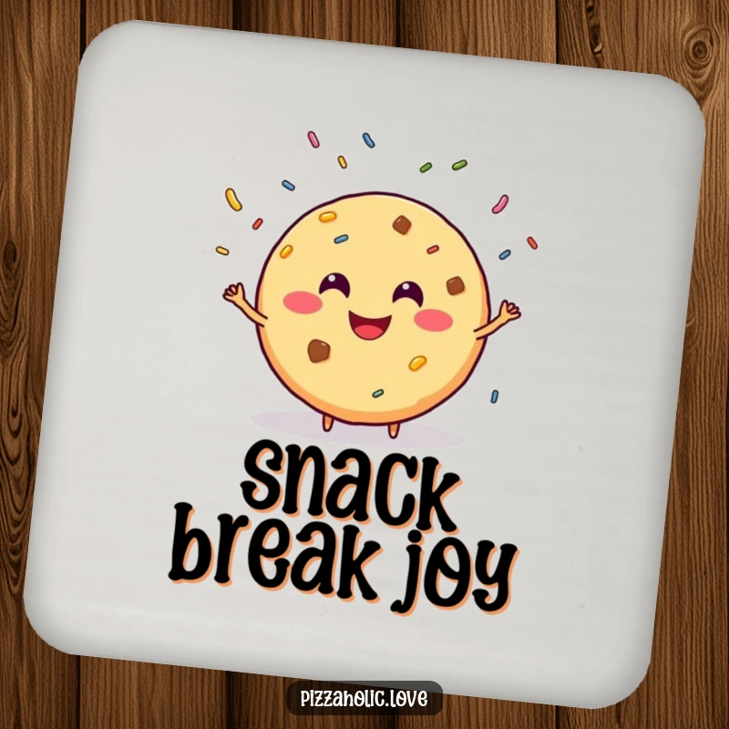 Funny drink coasters featuring a smiling, round cookie with a grin, juggling sprinkles, adding sweet fun and protection.