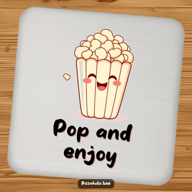 Funny drink coasters featuring a bubbly, happy bag of popcorn with a grin, popping with delight, adding snack fun and protection.