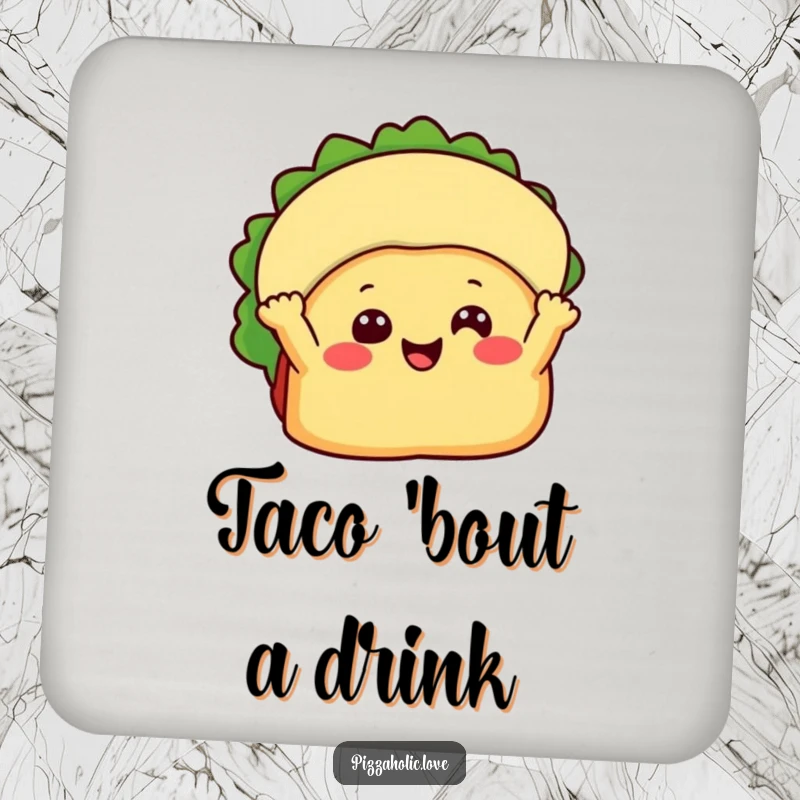 Funny Happy Taco Coaster: Beaming taco with little arms waving hello, protecting tables, funny gift.
