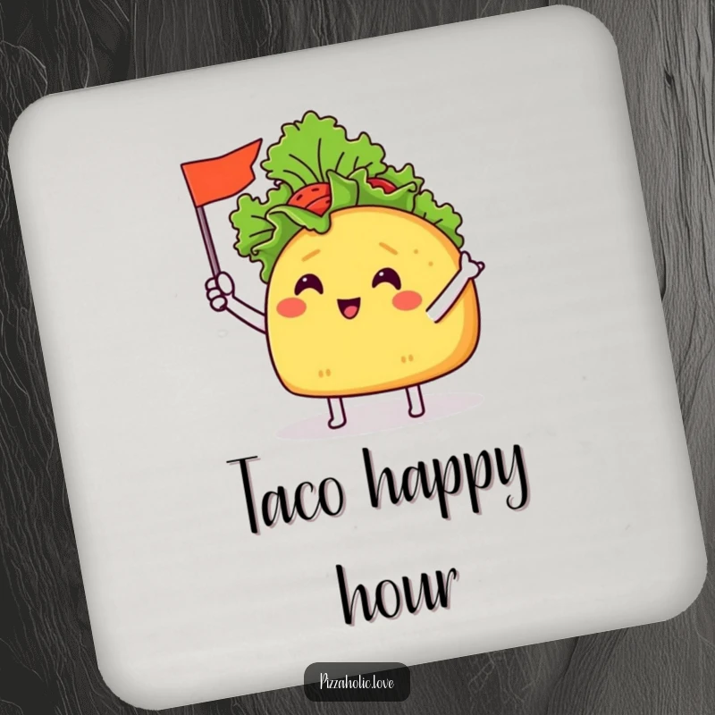 Funny Taco Flag Coaster: a cheerful taco with tiny arms waving a miniature flag made of lettuce, protecting a drink.